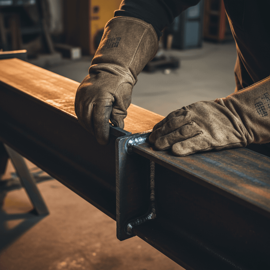 Welder positioning metal joint on structural steel beam