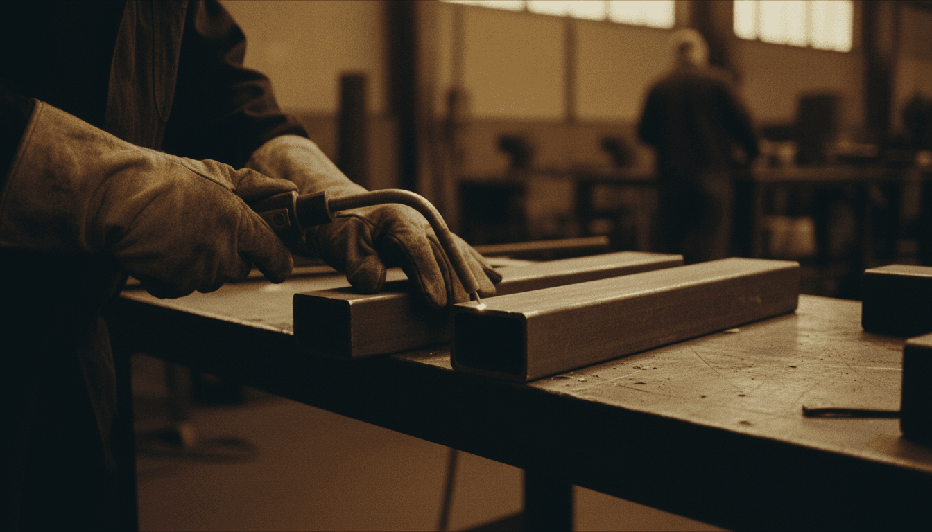 Close-up of welder's hands positioning steel beams with torch ready on workbench