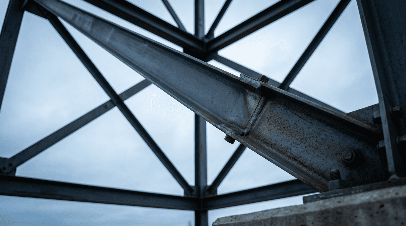 Structural steel beam repaired and reinforced with professional welding