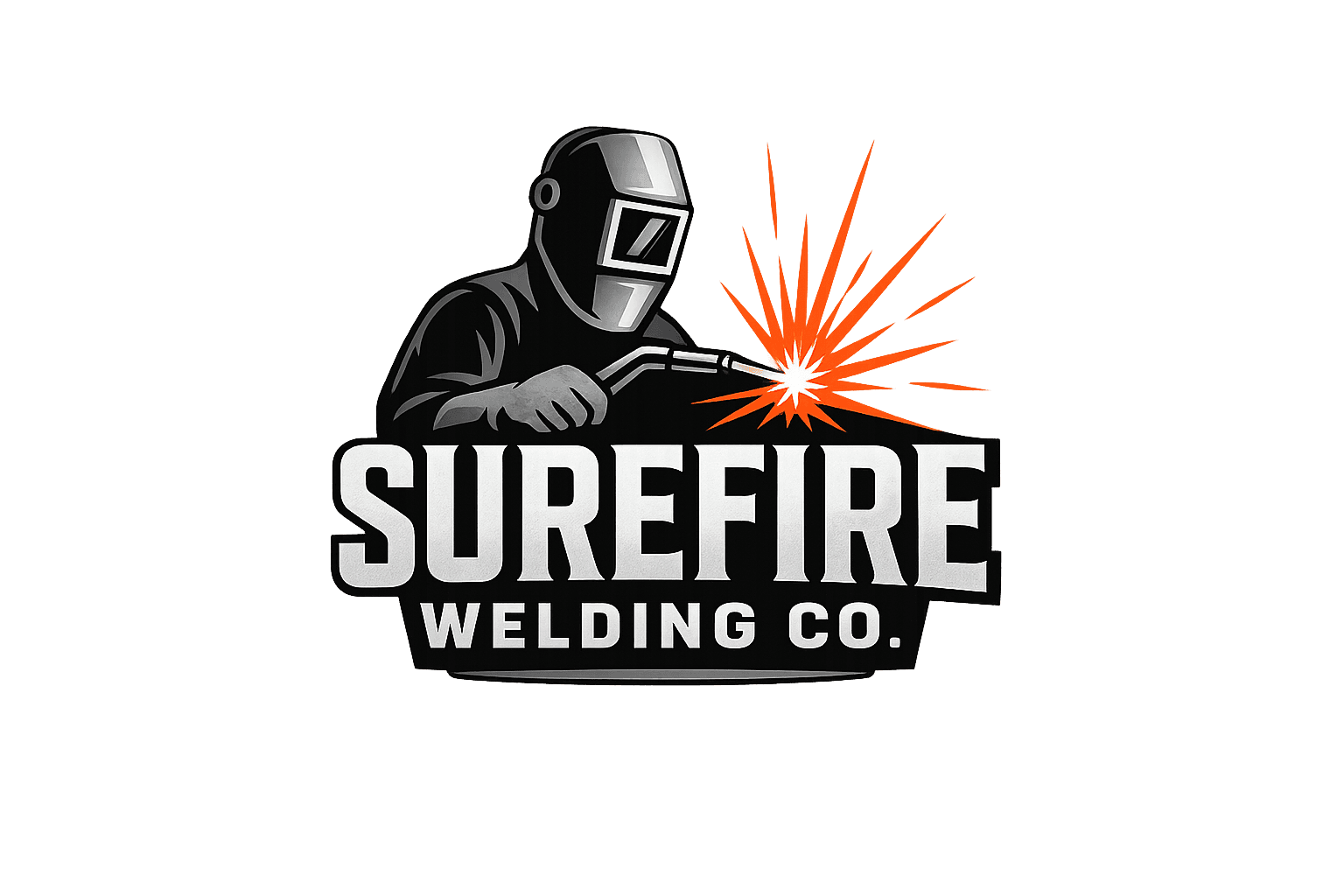 Surefire Welding Co. logo featuring a welder in a mask with bright orange sparks.